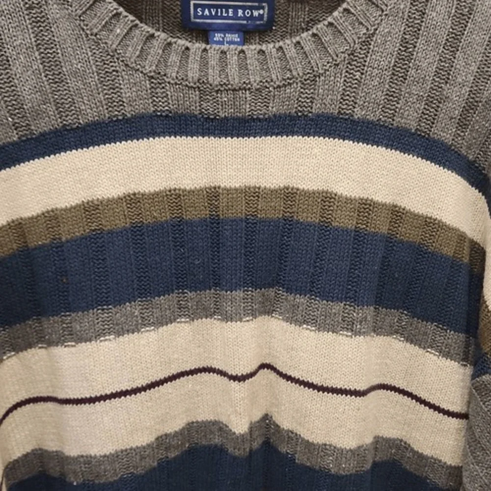 Savile Row Mens Large Striped Ribbed‎ Knit Sweater Grey Navy Ramie Cotton Blend